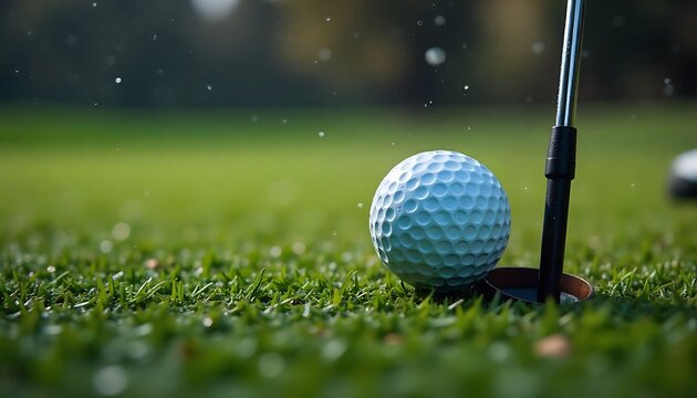 Close-up captures the winning moment as golf ball drops into the hole on lush green course, perfect for sports marketing and golf lifestyle campaigns