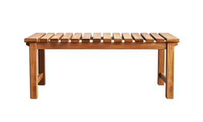 Slatted wooden bench with sturdy legs and a natural varnished finish.