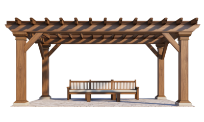 Solid wooden pergola with slatted roof, sturdy posts and an integrated bench for outdoor seating.