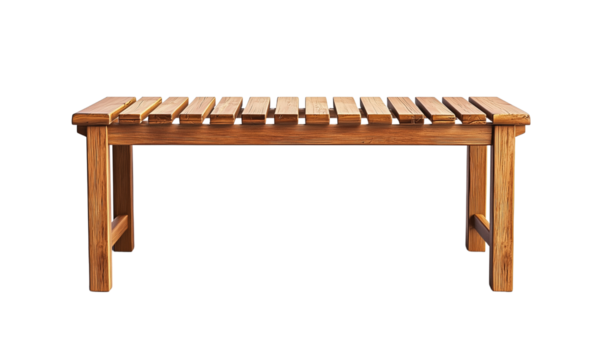 Slatted wooden bench with sturdy legs and a natural varnished finish.