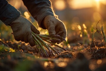 Harvesting Fresh Asparagus at Sunset in the Field