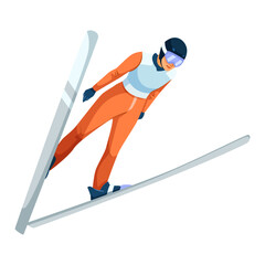 A ski jumper in an orange suit and helmet mid-air, stylized graphic style, isolated on white background. Concept of winter sports action. Vector illustration