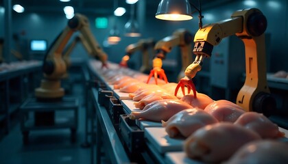 Modern food processing using robotic arms for quality control and efficiency in a clean, automated factory setting perfect for food industry innovation