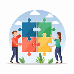 Two people, a man and a woman, collaborate to connect four large puzzle pieces against a backdrop of clouds and foliage.