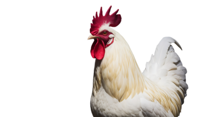 A majestic white rooster with a vibrant red comb and wattle stands proudly, its feathers gleaming against the bright background isolated on transparent background