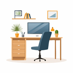 Illustration of a home office setup with a desk, computer, chair, plant, shelves, books, and other decorative items.