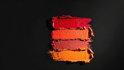 Four vibrant and textured lipstick swatches in shades of red and orange on a dark black background.
