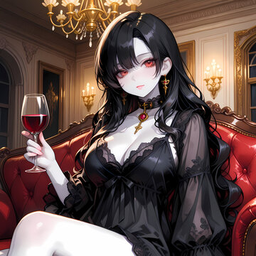 アンティークなカウチソファに座った黒髪の人物。ワイングラスを持った赤い瞳の妖艶な女性。日本の漫画風のAIイラスト