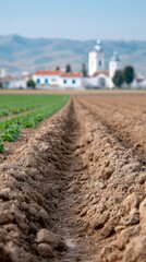 Panoramic View Of A Tilled Brown Soil Field With Green Rows Leading To A Church In The Distance