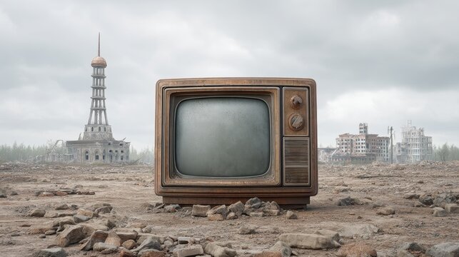 Vintage television set in a desolate landscape with abandoned buildings under a cloudy sky depicting a post-apocalyptic scene