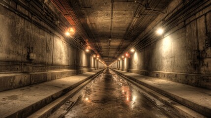 Illuminated Underground Transit Tunnel with Reflections