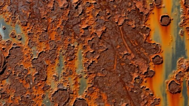 Close-up view of rusted metal surface showcasing various textures, colors, and natural decay patterns