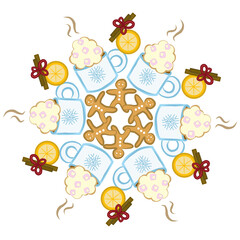 Cosy Hot Chocolate and Gingerbread Motif - Winter Snowflake Design on Transparent Background