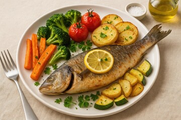 Whole roasted fish with lemon slice atop plate, surrounded by broccoli, cherry tomatoes, potatoes, carrots, and zucchini slices