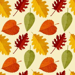 Obraz premium Watercolor autumn seamless pattern with falling leaves. Botanical repeated texture with floral elements for the fall season. Fall print with foliage.