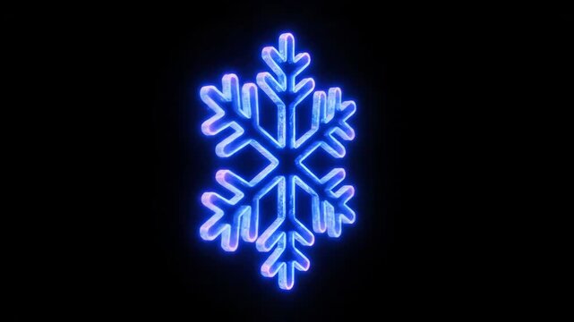 Neon Glowing Snowflake on Black Background - This video shows a blue neon glowing snowflake design against a stark black background. The snowflake is symmetrically designed, making it eye-catching.