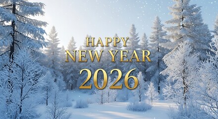A highly realistic New Year 2026 design where the message 'Happy New Year 2026' is elegantly overlaid in golden serif typography on a peaceful winter forest background