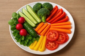 Colorful raw vegetable plate with sliced cucumbers, peppers, tomatoes, broccoli and herbs