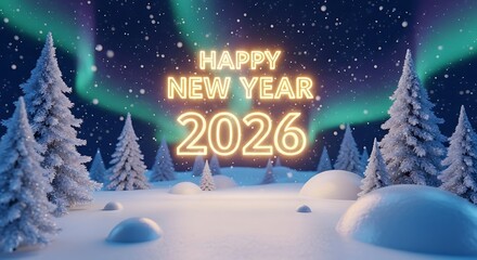 A stylized 3D render of a New Year 2026 greeting set in a magical frozen night. The golden glowing text 'Happy New Year 2026' floats above a snowy landscape 