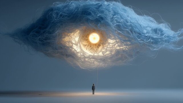 Anxiety symbolized, floating cloud of tangled wires and eyes hovering above a figure