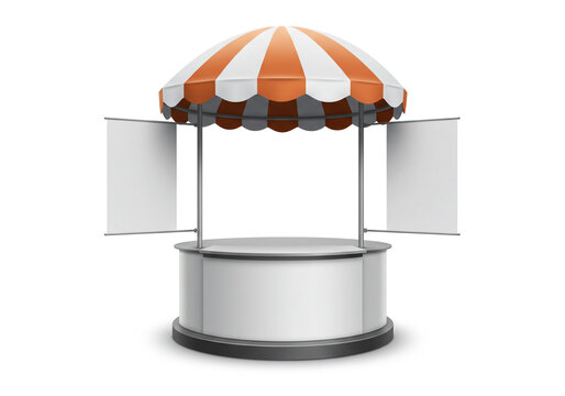 Eye-catching promotional stand mockup ready for branding at your next trade show or event with blank banners and a striking striped canopy for maximum impact
