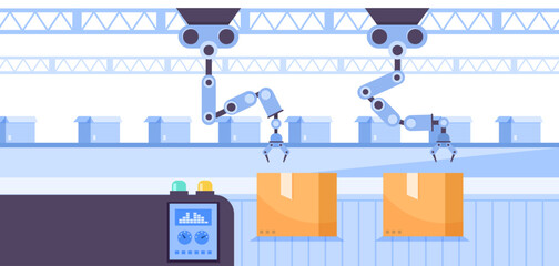 Robotic arms operate on conveyor belt in a modern warehouse, flat graphic style on clean white background. Concept of smart automation. Vector illustration
