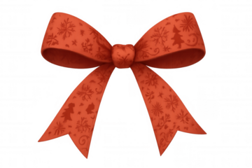 Red christmas ribbon bow with snowflakes and christmas tree pattern, holiday decoration, transparent background