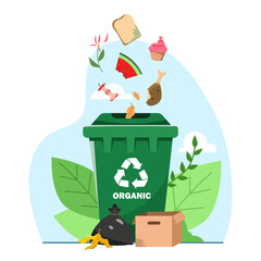 Organic waste like fruits, bread, meat falling into green recycling bin, flat graphic style, on abstract nature background, concept of composting. Vector illustration