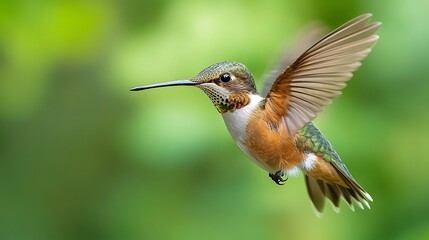 Fototapeta premium A rufous hummingbird hovering in mid air with a green blurred background in a close up shot outdoors