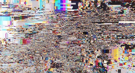 Abstract digital glitch art with pixelated blocks and distorted color patterns creating a chaotic scene