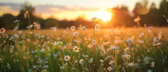 sunset on the meadow landscaped grass lush flower field.