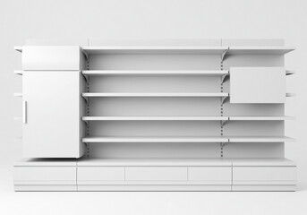 Modern White Shelving Unit with Cabinets and Drawers &ndash; Minimalist Storage and Display Fixture for Retail or Residential Use