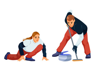 Two curling players in action, flat graphic style, isolated white background. Concept of teamwork and winter sports strategy. Vector illustration