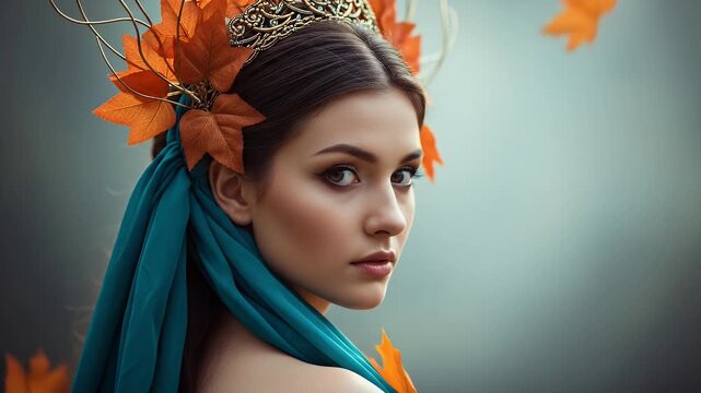 A fantasy portrait of a beautiful queen or princess with an autumn leaf crown and headdress