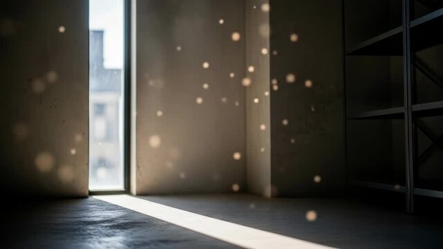 Sunlight streams through window into empty room, illuminating the floor, with shelf in darkness and light coming through the window.