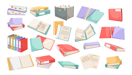 Collection of colorful books, folders, and binders in flat cartoon style on white background, representing office and education concept. Vector illustration