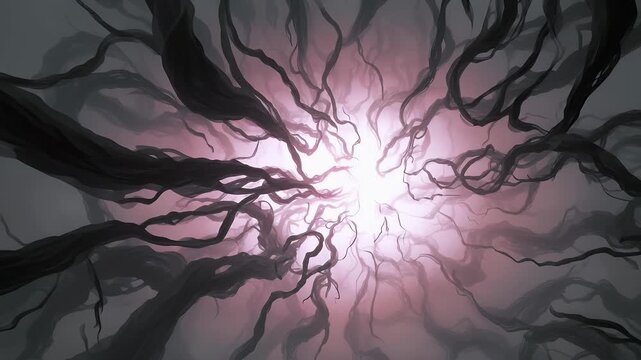 Abstract horror fog, twisted black smoke tendrils with soft glowing center void