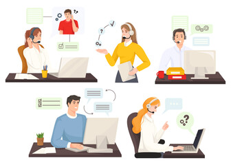 Group of customer service representatives working at desks with computers and headsets, flat style on white background. Concept of tech support. Vector illustration