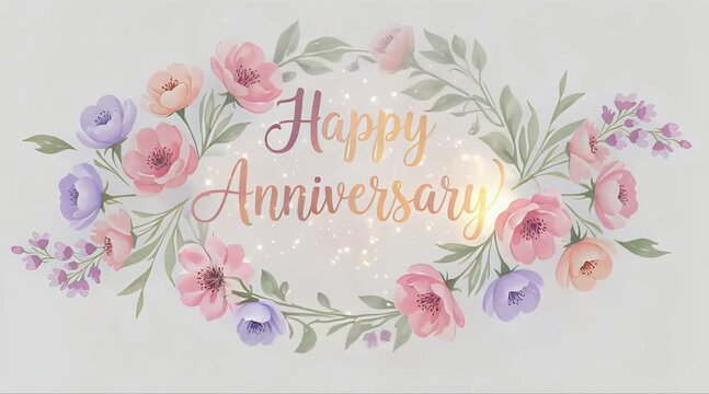 Motion of happy anniversary in gold text with floral design 