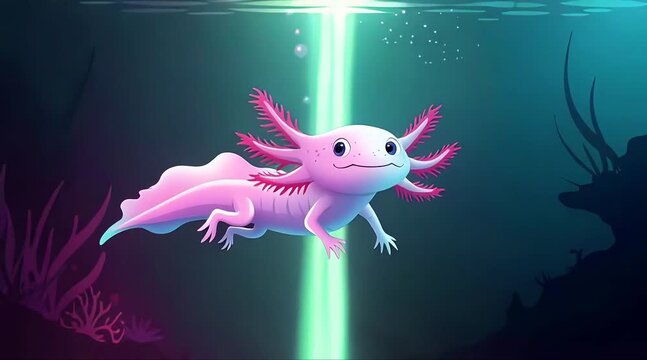 Cartoon motion axolotl in underwater 