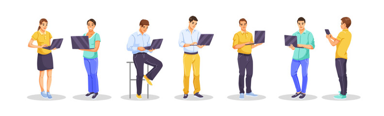 Diverse group of men and women using laptops and smartphones, cartoon style on white background. Concept of teamwork and digital communication. Vector illustration