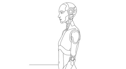 Line drawing of a humanoid robot, side profile, showing mechanical details on head, neck, arms, and torso.
