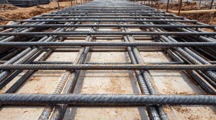 Detailed View of Reinforced Steel Rebars in Construction Site Preparing for Concrete Pouring Process