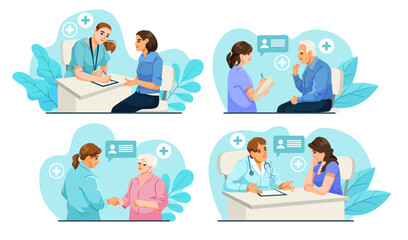Doctors and patients having conversations in a clinic, flat cartoon style, on abstract blue background, concept of healthcare and checkups. Vector illustration