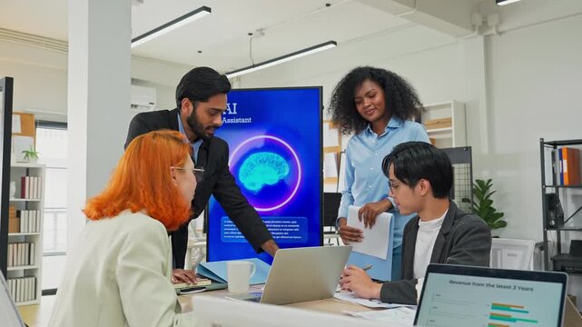 Multiethnic business professionals collaborate in modern office using AI virtual assistant and big data analytics to connect insights, driving strategic innovation through intelligent automation