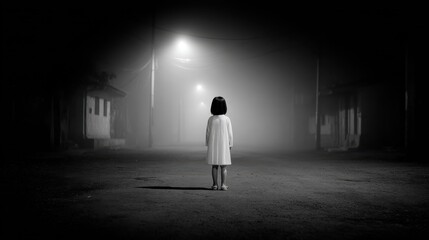 Fototapeta premium A solitary child stands in an eerie foggy street at night, illuminated by soft streetlights, creating a haunting and mysterious atmosphere of solitude.