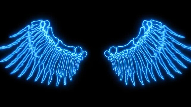 Neon Blue Skeletal Wings Graphic - A glowing graphic of skeletal wings is displayed against a black background, video in neon blue lines. The design features the bone structure of wings.