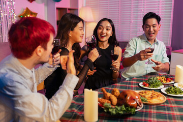 drinks and conversation, social gathering and get together. Young people, group and happiness at fast food pizzeria, celebration at home.