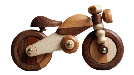 Wooden motorcycle toy, various shades of wood