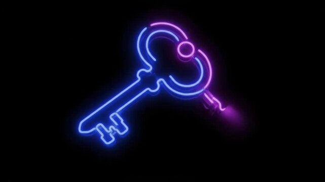 Glowing Neon Key Line Art - A neon-style video featuring a skeleton key design with glowing blue and pink outlines. The design is isolated against a solid black background.